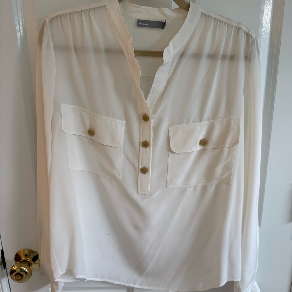 Vince Cream Silk Blouse with Pocket Accents